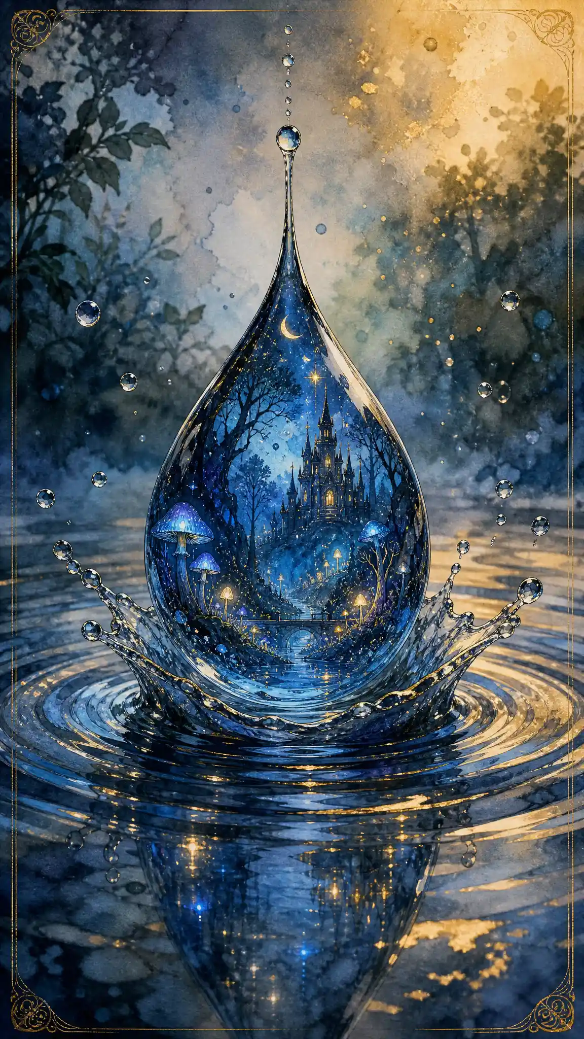 Fantasy raindrop world above a rippling water surface