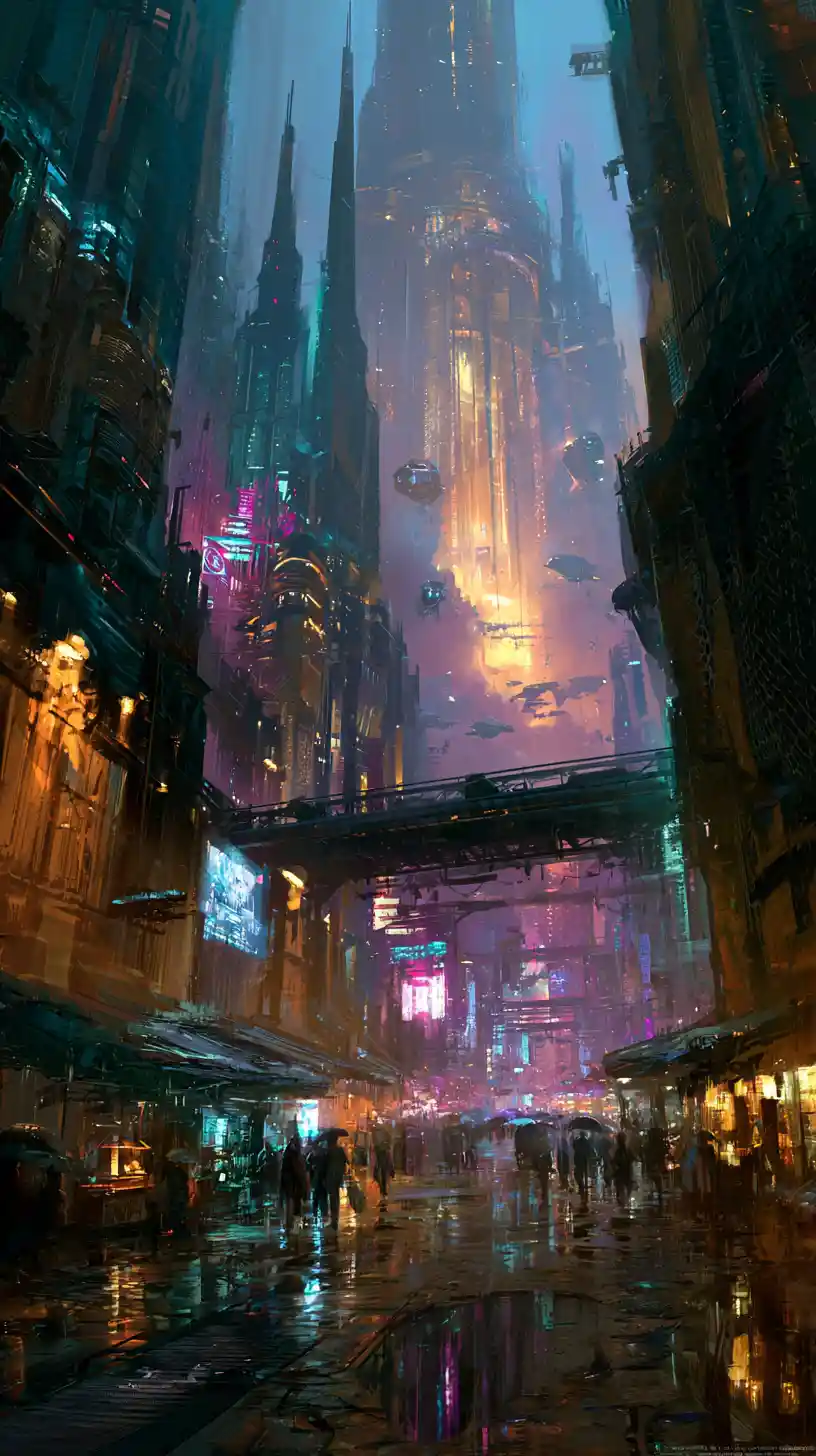 Futuristic neon city street with towering skyscrapers