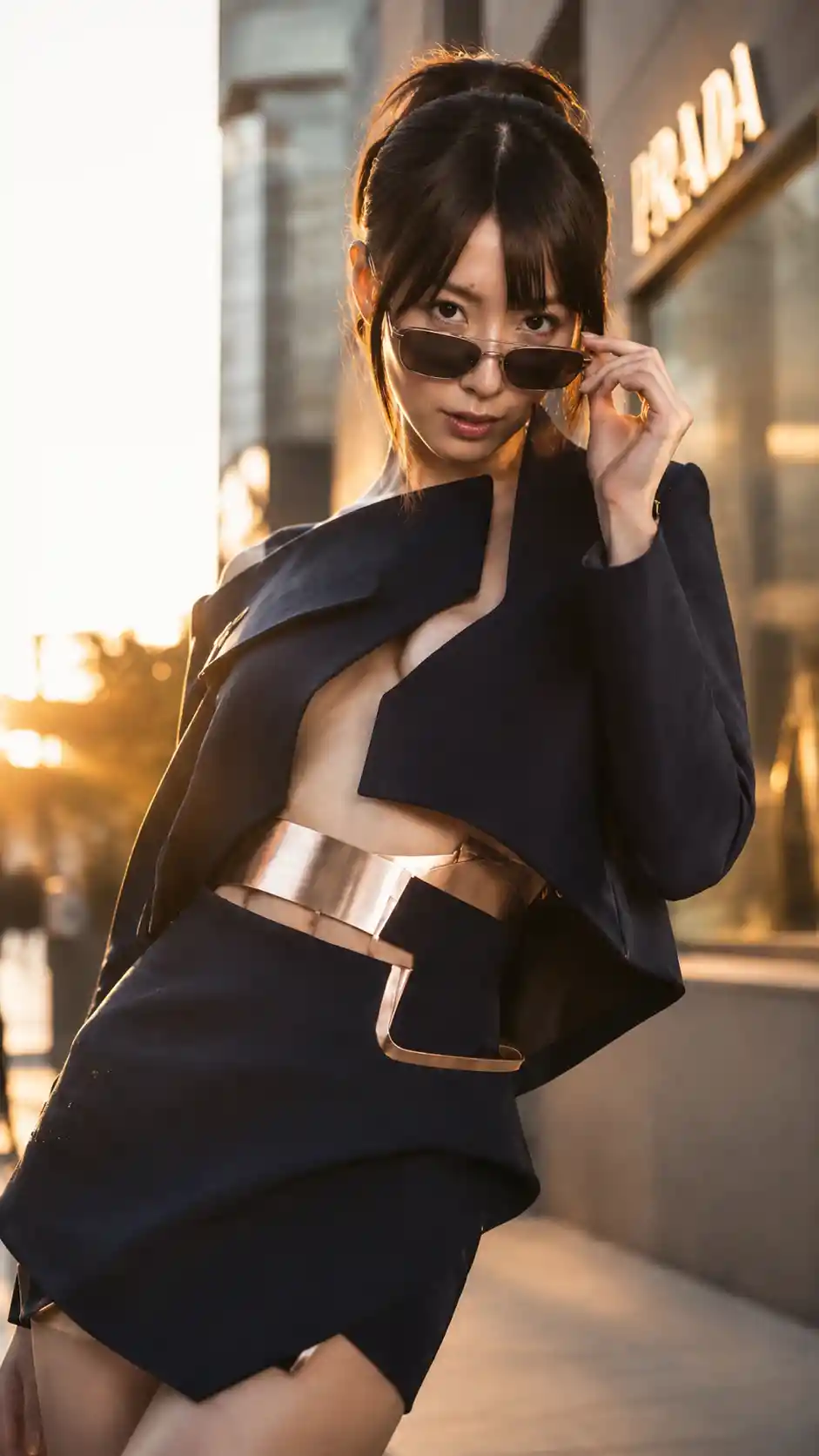 Confident fashion portrait on an Omotesando city street