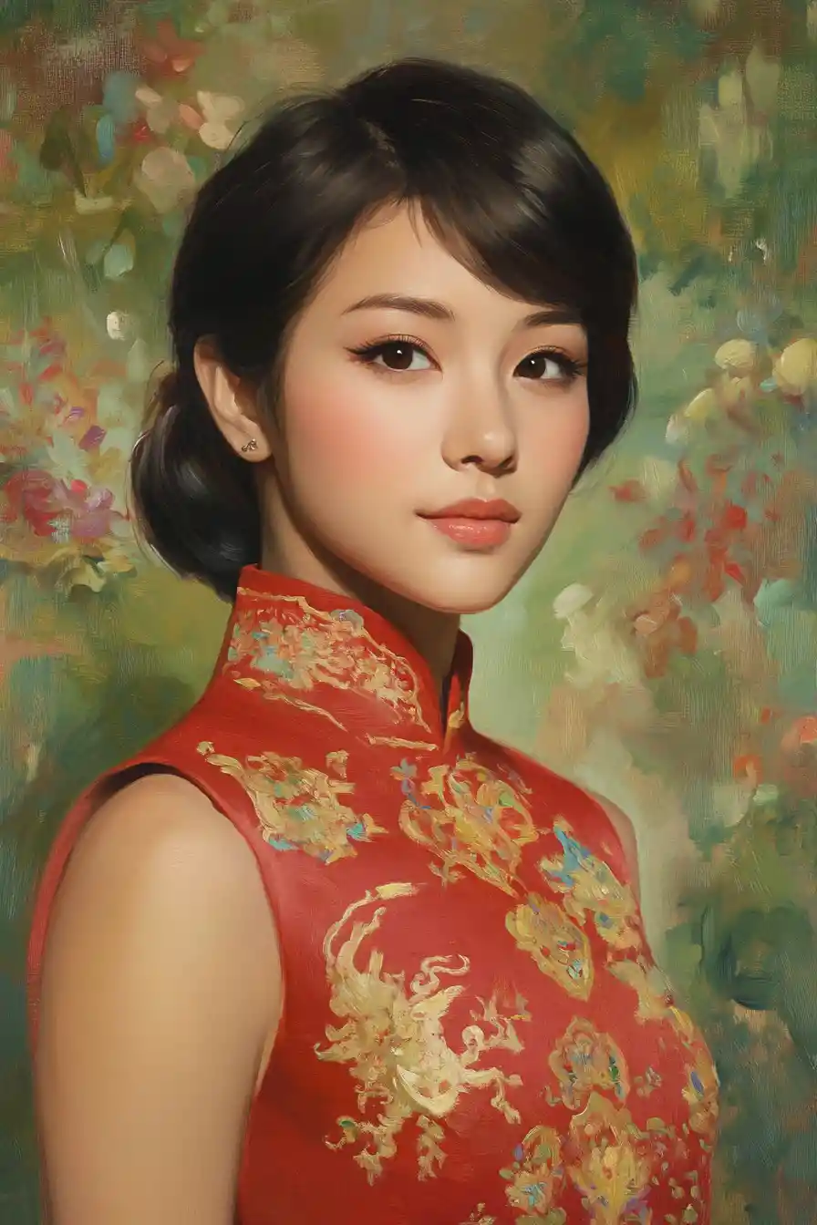 Oil portrait of a serene young woman in red qipao
