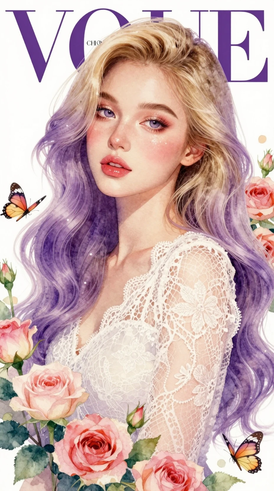 年輕女子與花卉細節的水彩肖像