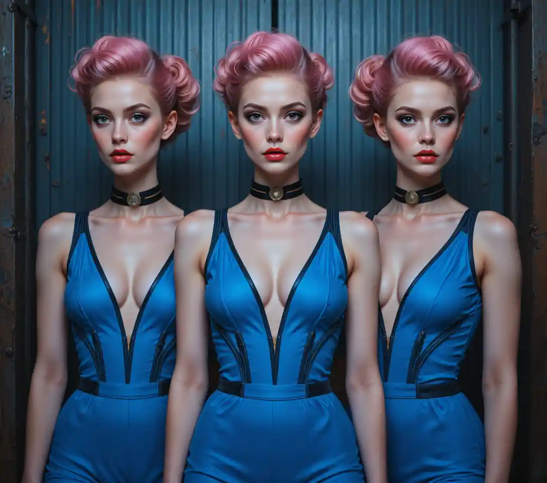 Three pink haired women in blue bodysuits against metal wall