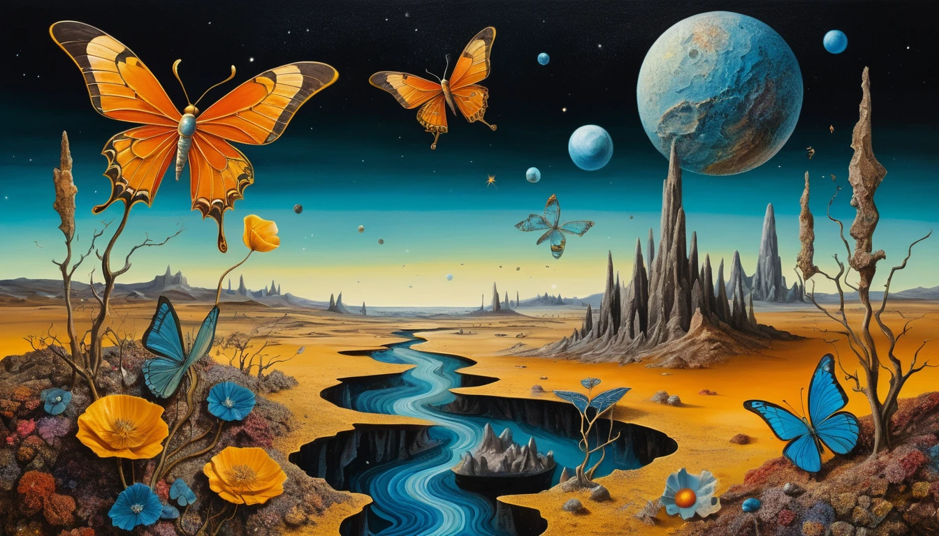 Surreal planets blooming with flowers in a cosmic sky