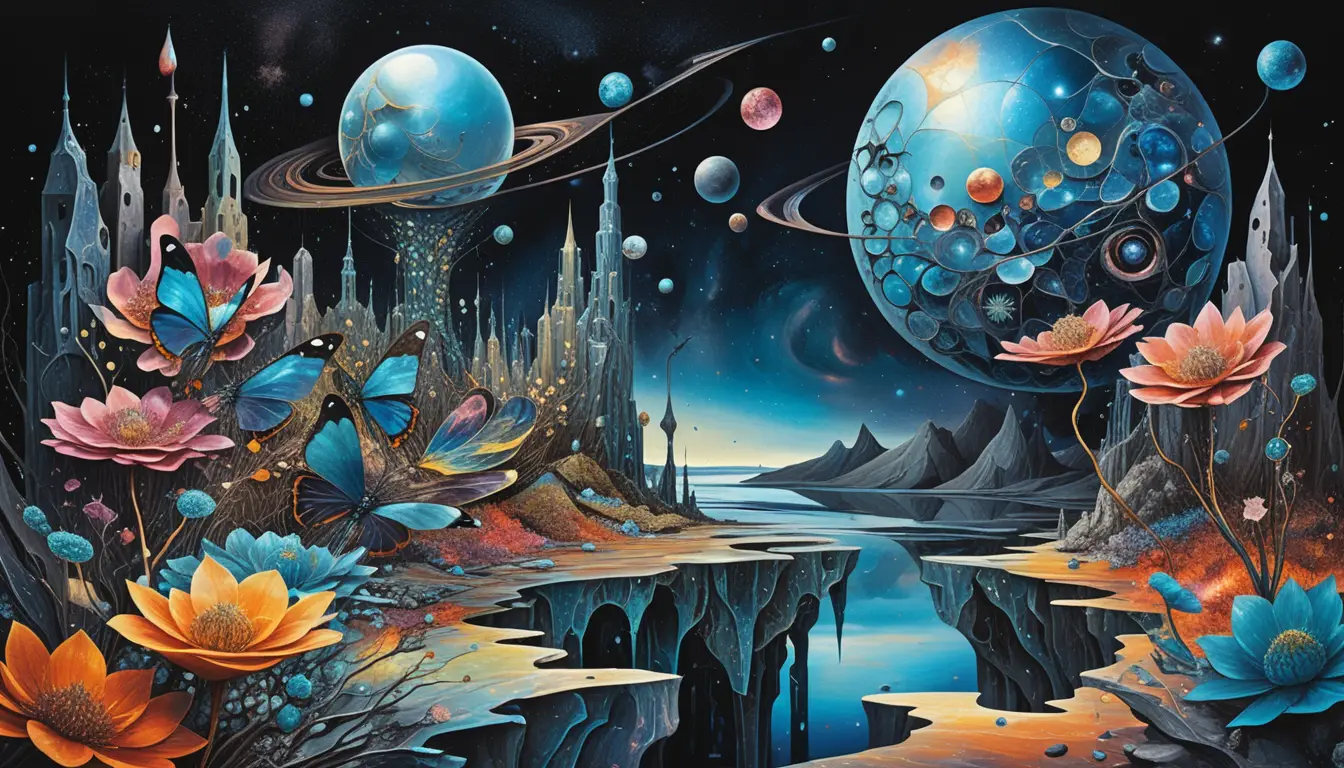 Pianeti surreali in fiore in un cielo cosmico