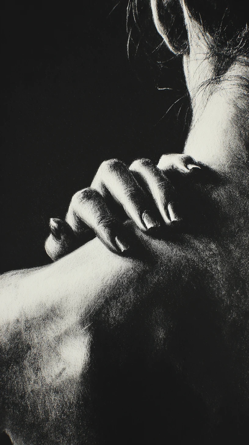 Charcoal close up of clawed hand on bare female back