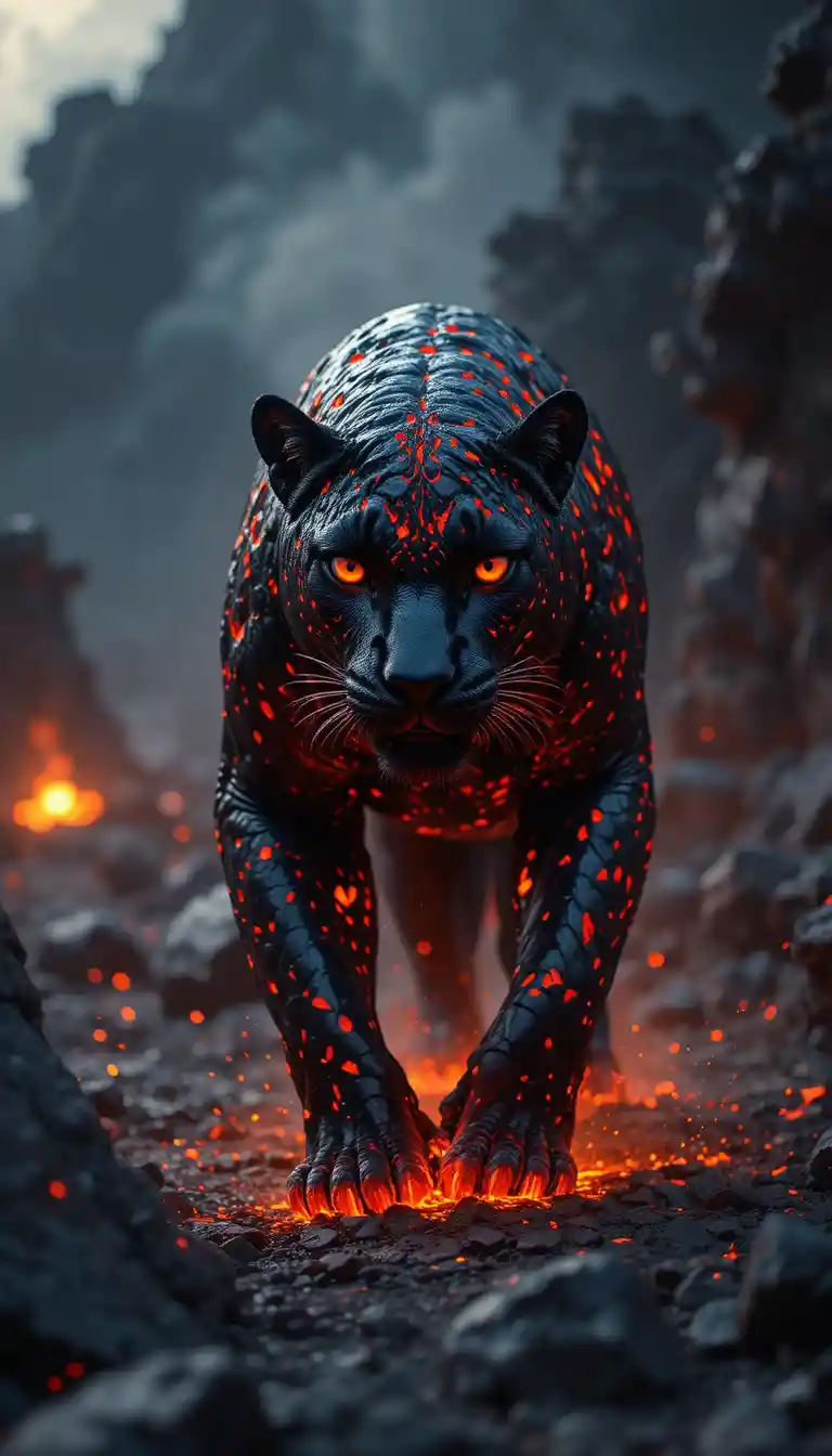 Dark jaguar of molten lava walking across volcanic ground