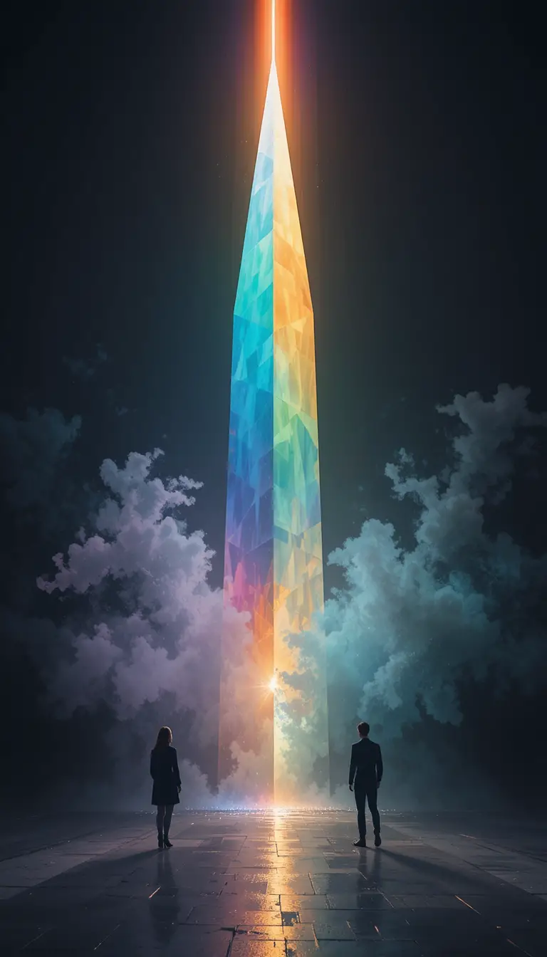 Minimalist prism with refracted rainbow light on dark background