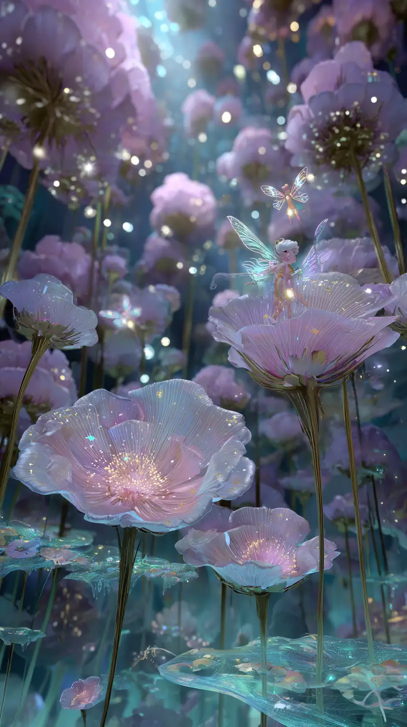 Floating fairy gardens in a tranquil twilight sky