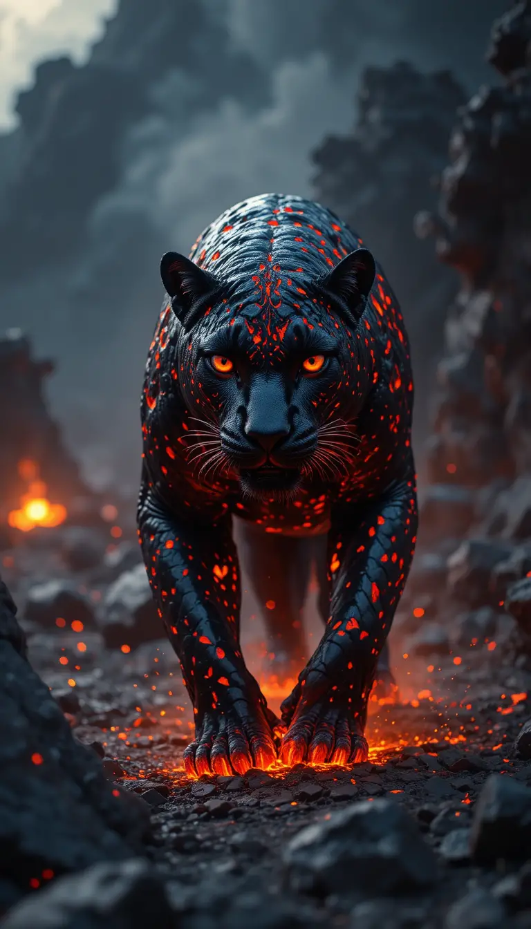 Dunkler Jaguar aus geschmolzener Lava auf vulkanischem Boden