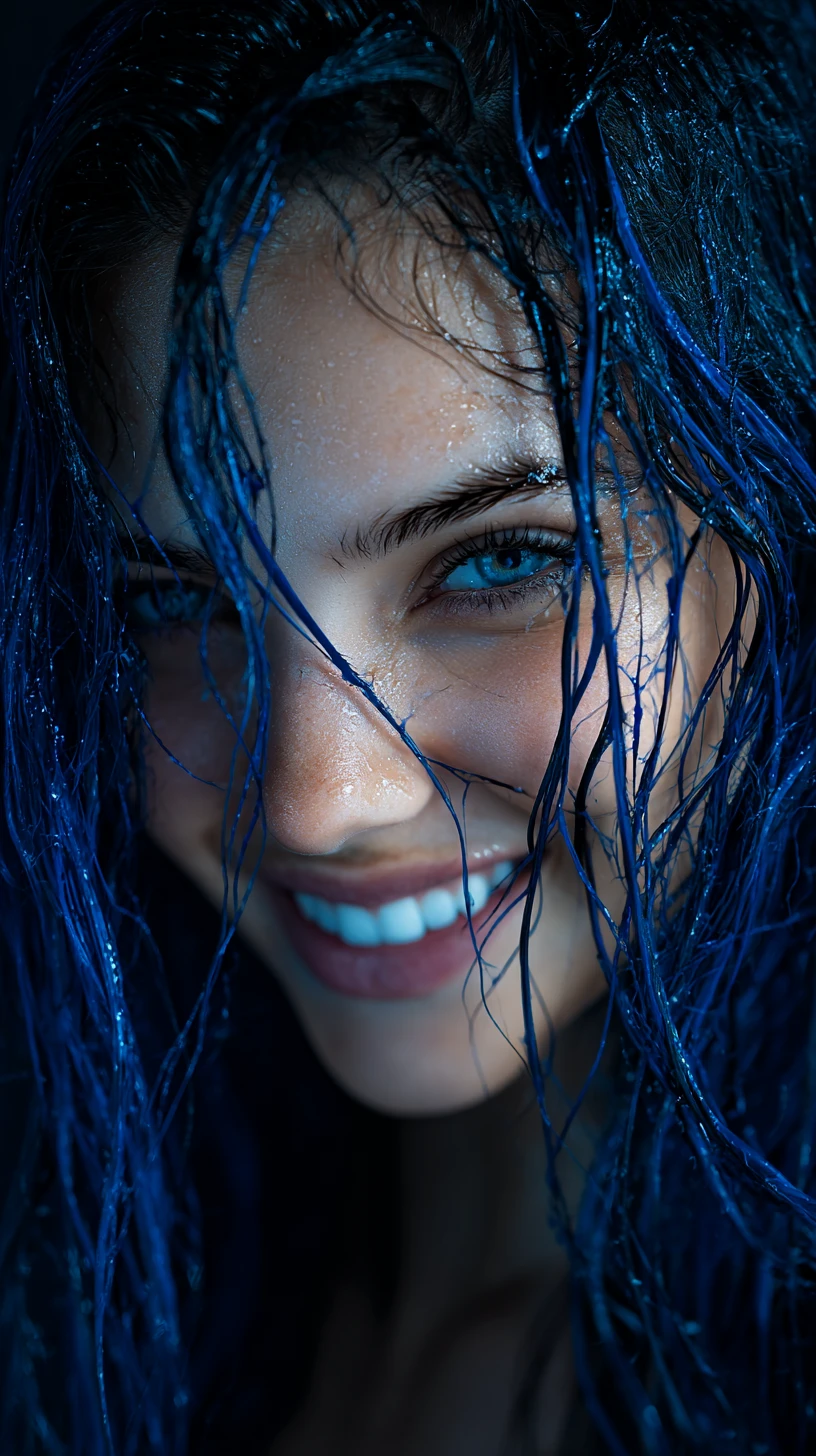 Beautiful woman with wet blue hair and playful smile