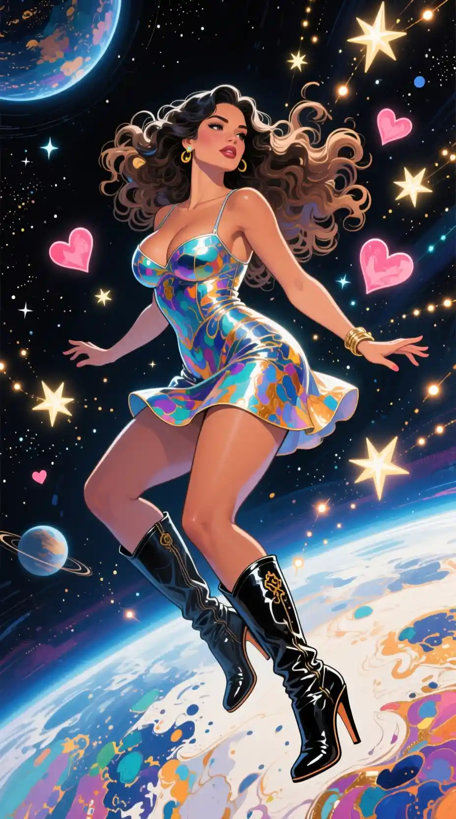 Latina woman in a minidress floating weightless in outer space