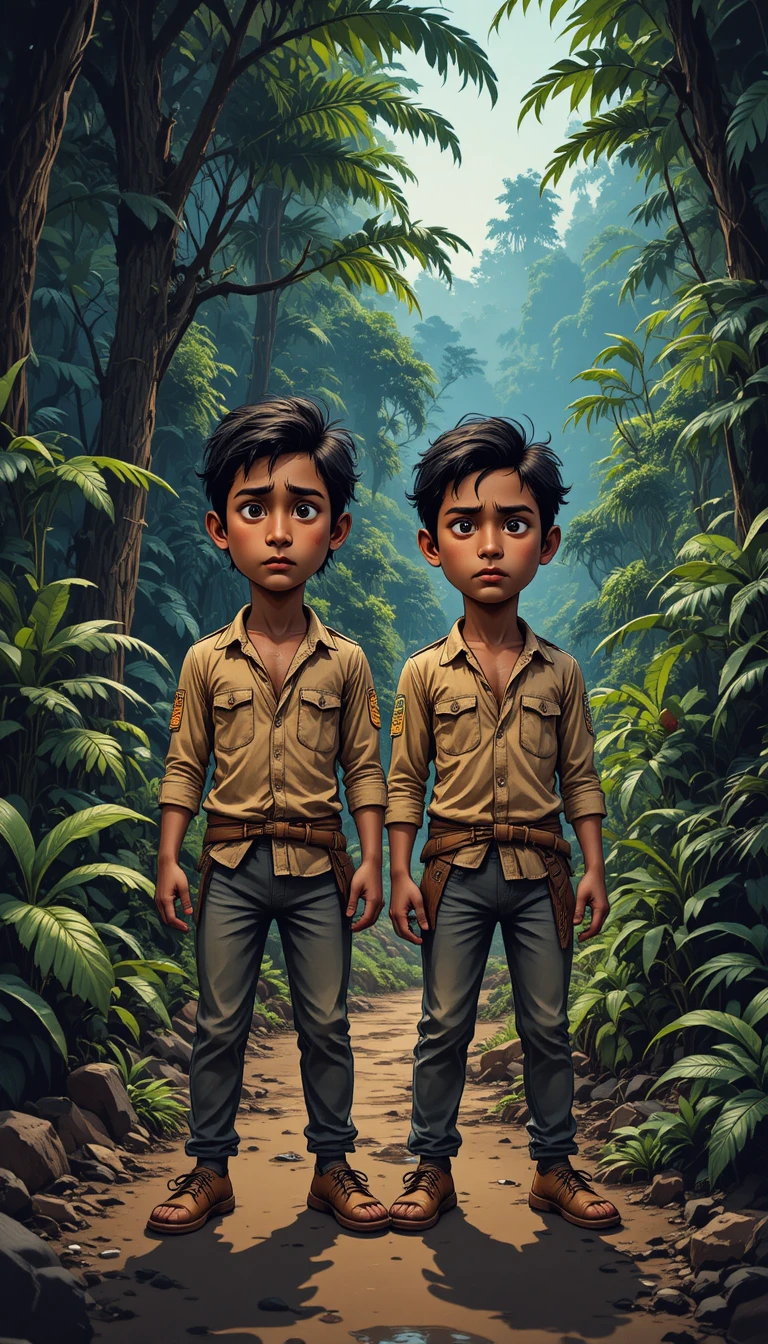 Two anxious brothers standing at the edge of a jungle