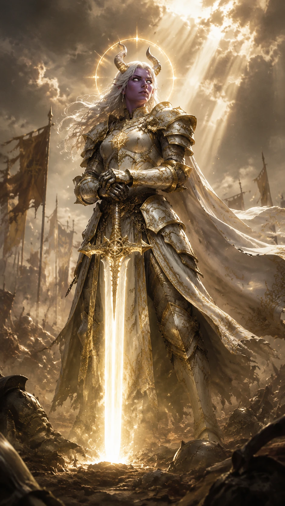 Heroic tiefling paladin woman on radiant battlefield