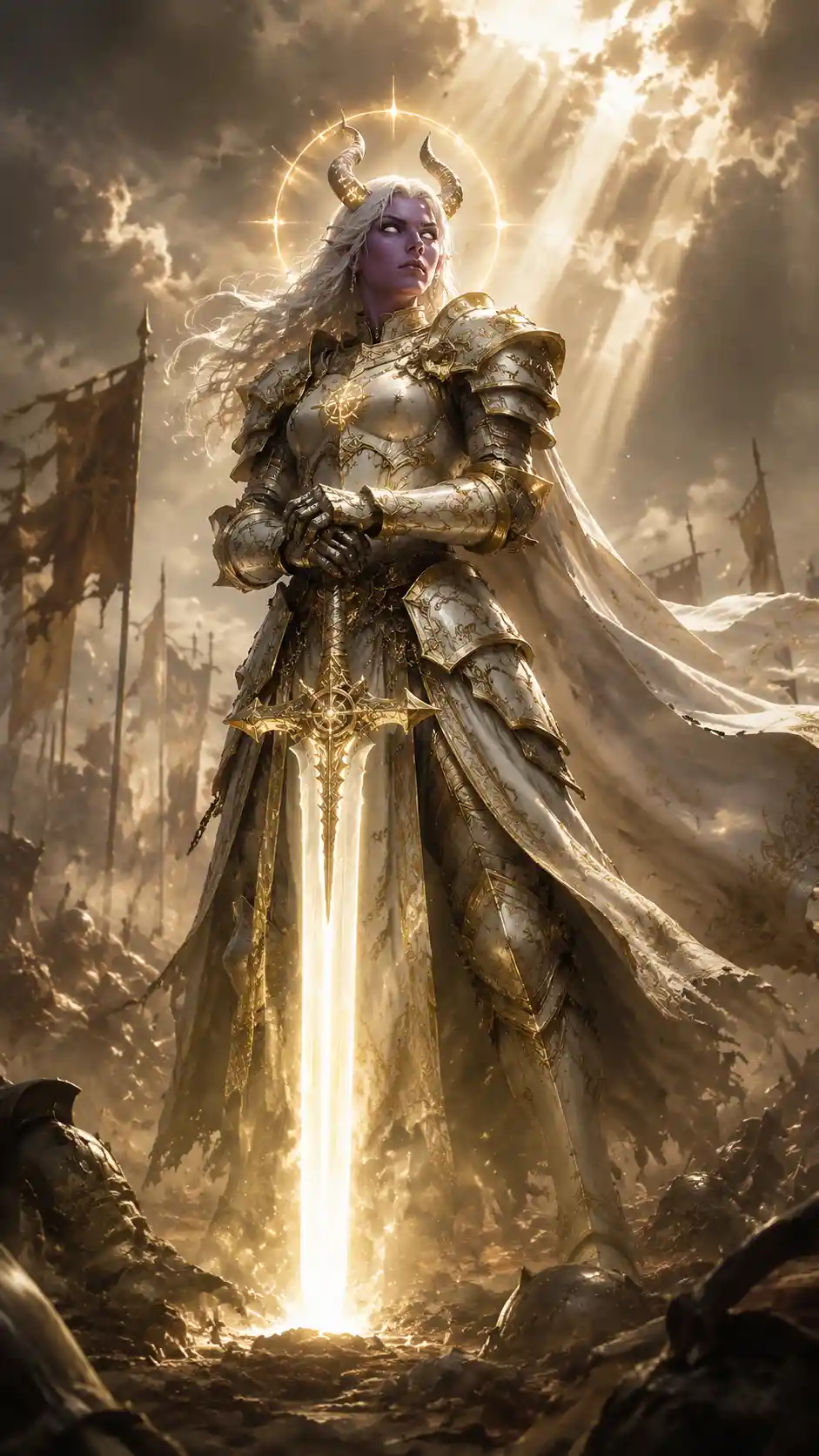 Heroic tiefling paladin woman on radiant battlefield