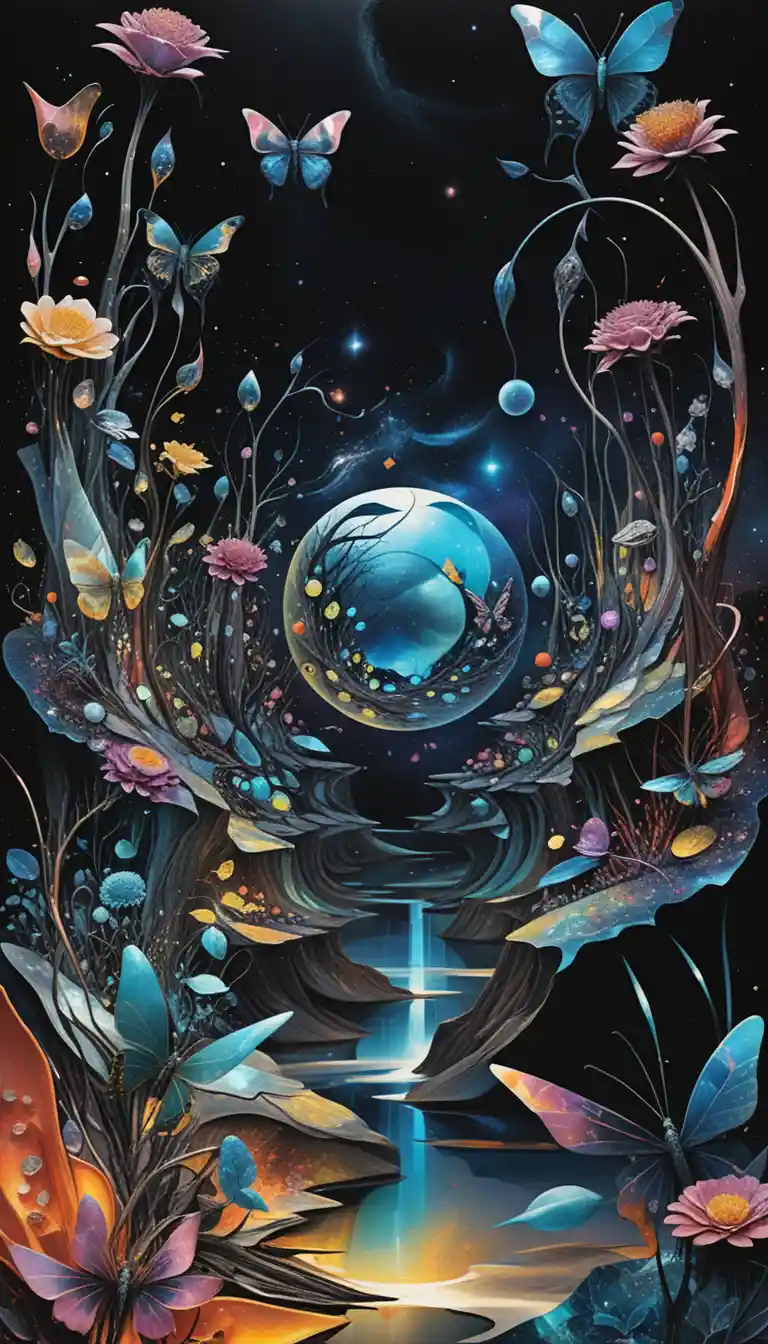 Surreal planets bursting with flowers in a cosmic sky
