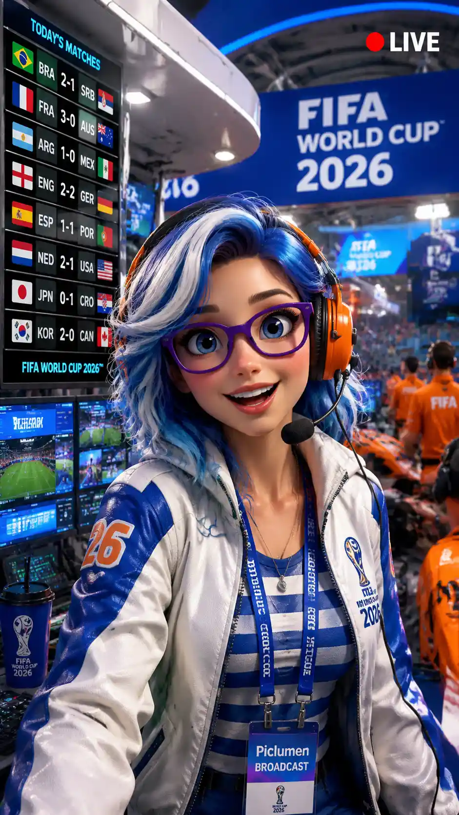 Blue haired football commentator in 3D studio broadcast