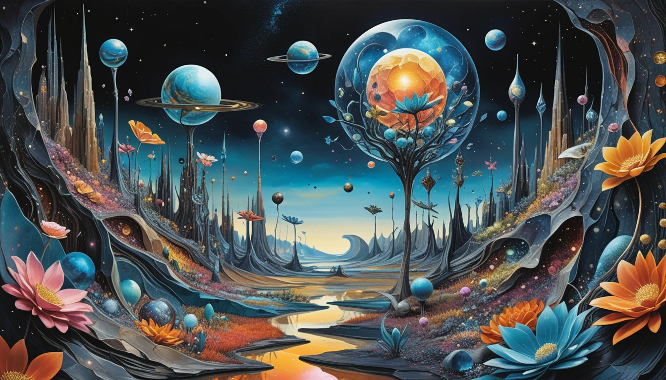 Surreal planets blooming with flowers in a cosmic sky