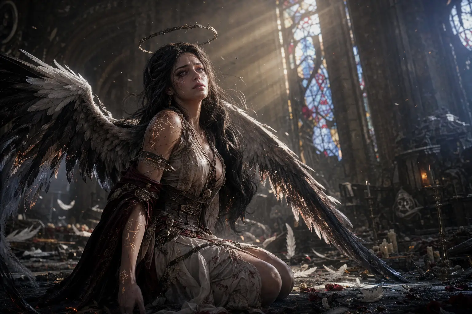 Fallen angel woman kneeling in a ruined twilight cathedral