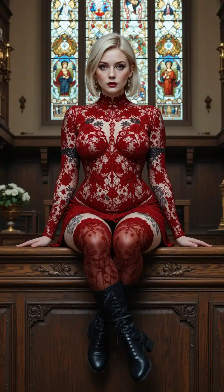Gothic blonde woman on church altar before stained glass