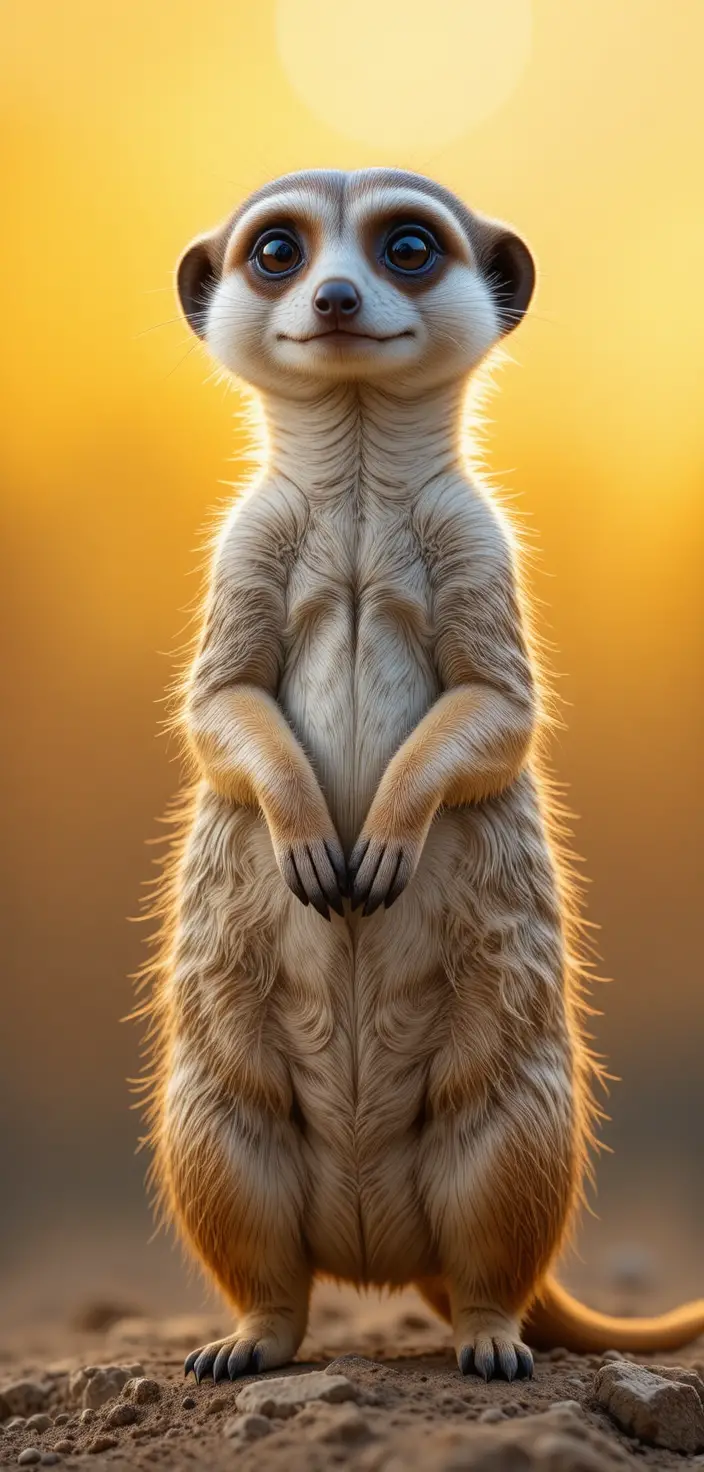 Cute meerkat standing upright against warm sunset colors