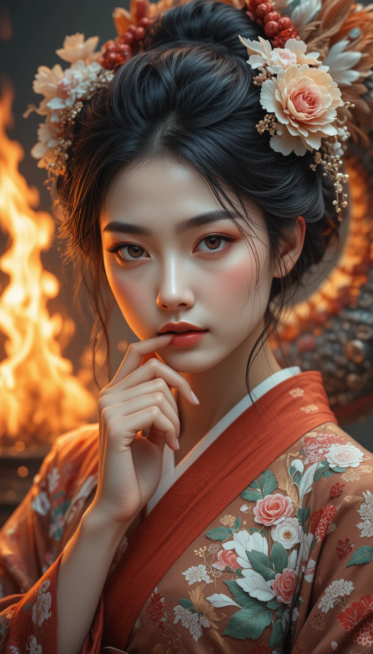 Pensive Japanese woman in kimono with eyes half closed