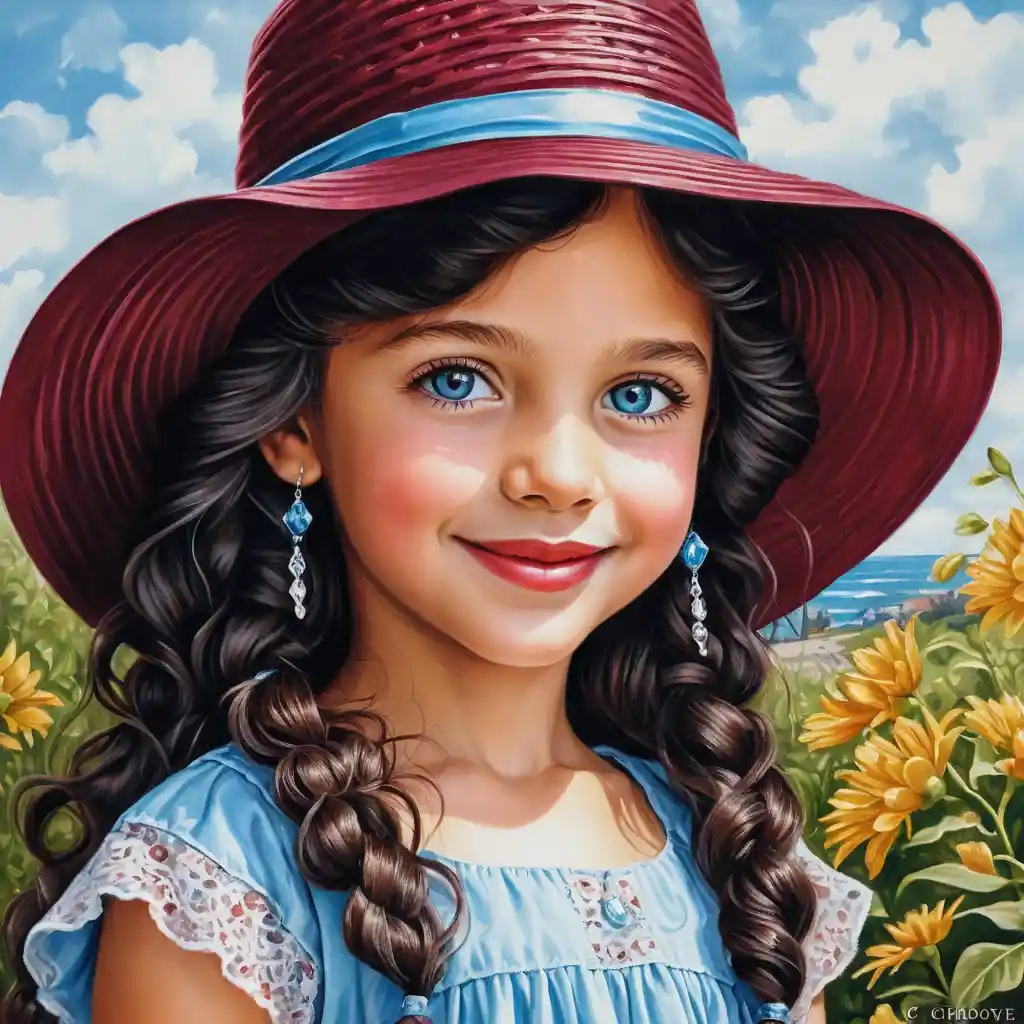 Smiling blue eyed girl in burgundy summer hat and dress