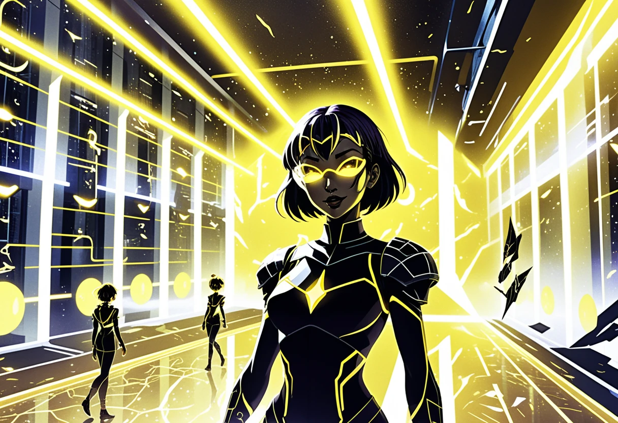 Anime girls in a neon sci fi facility with golden light