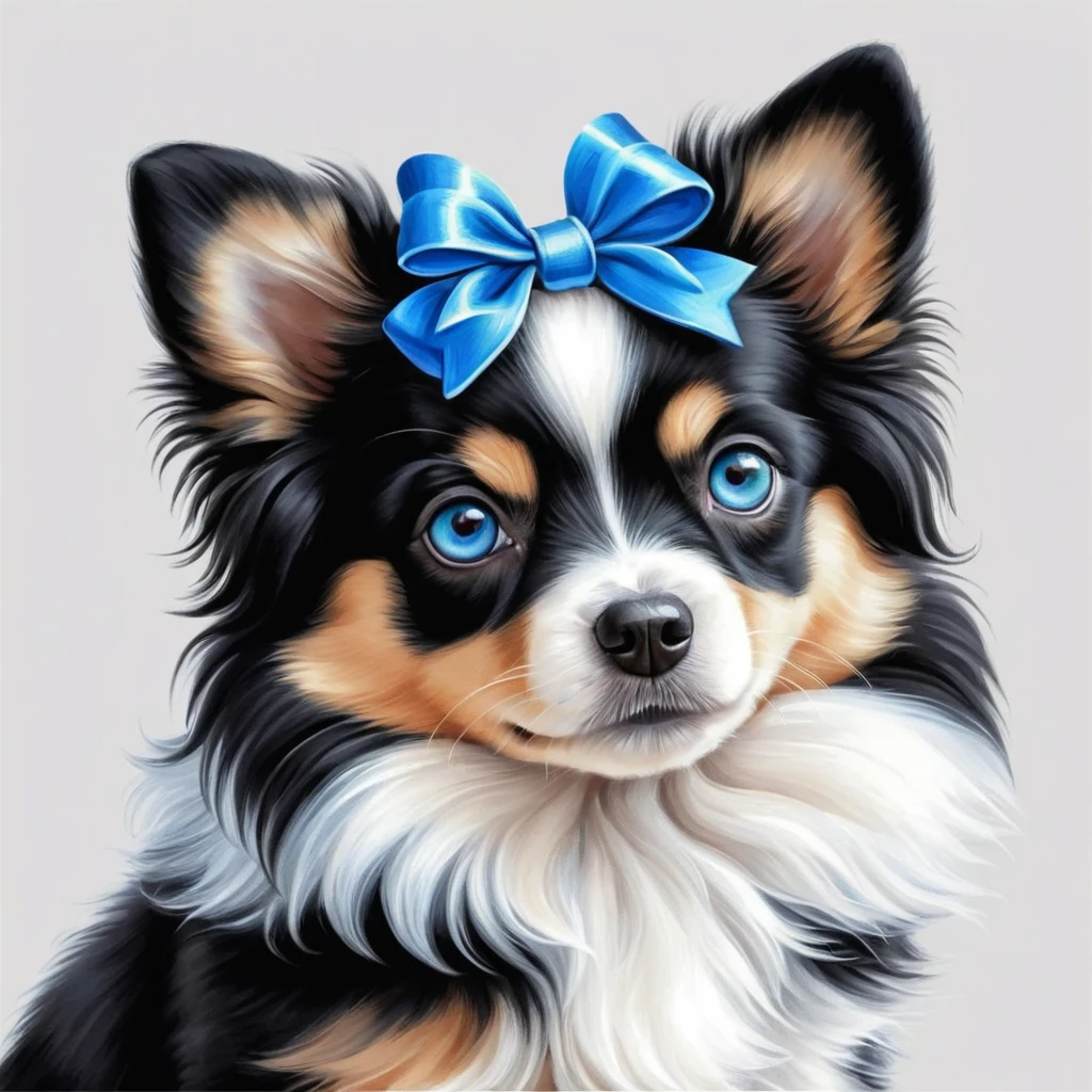 Cute black and white dog with blue eyes and bow