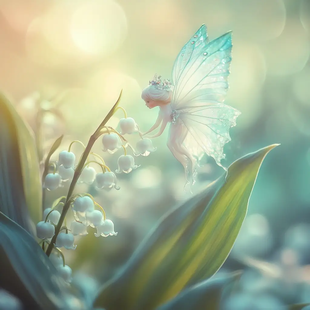 Fairy Drinking Nectar On Lily Of The Valley Stem