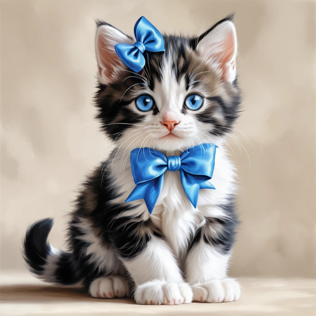 Cute tabby kitten with bow in colored pencil style
