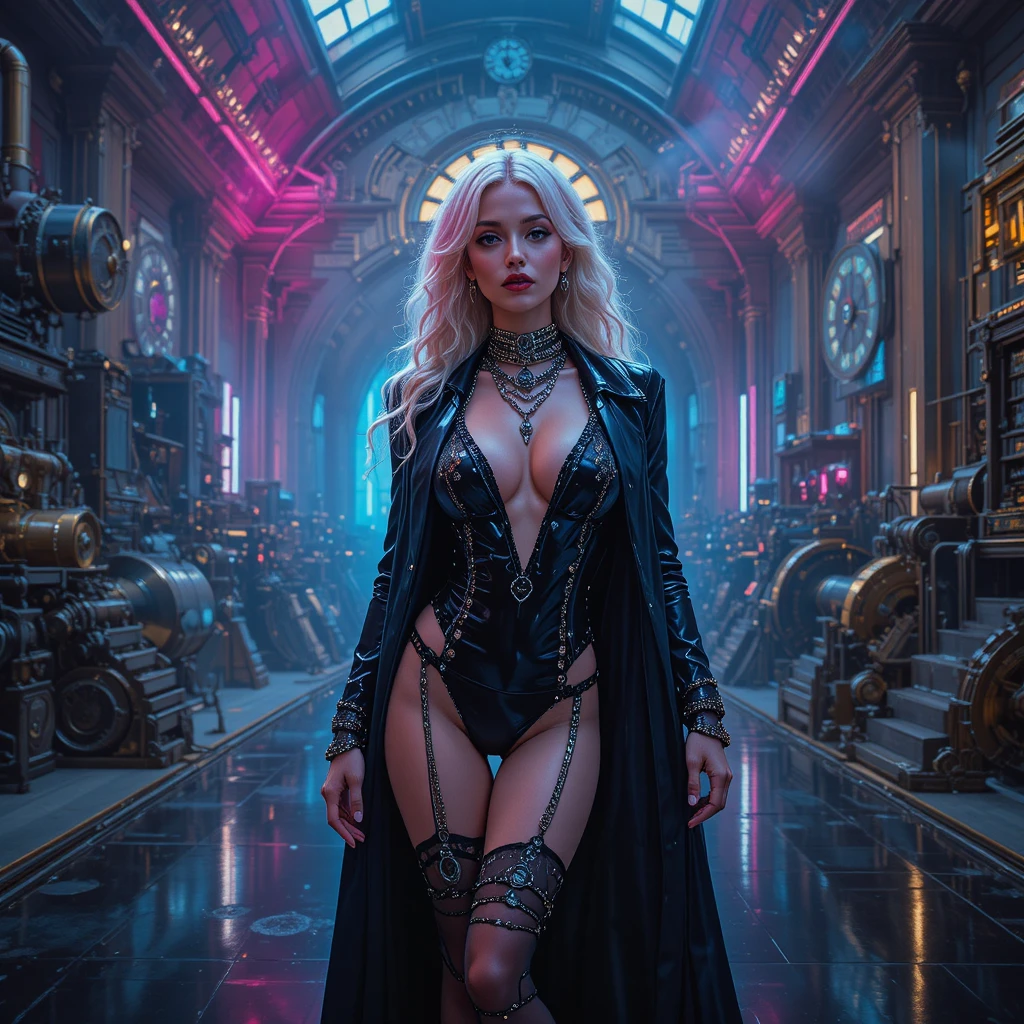 Cyberpunk fashion woman in neon lit steampunk studio