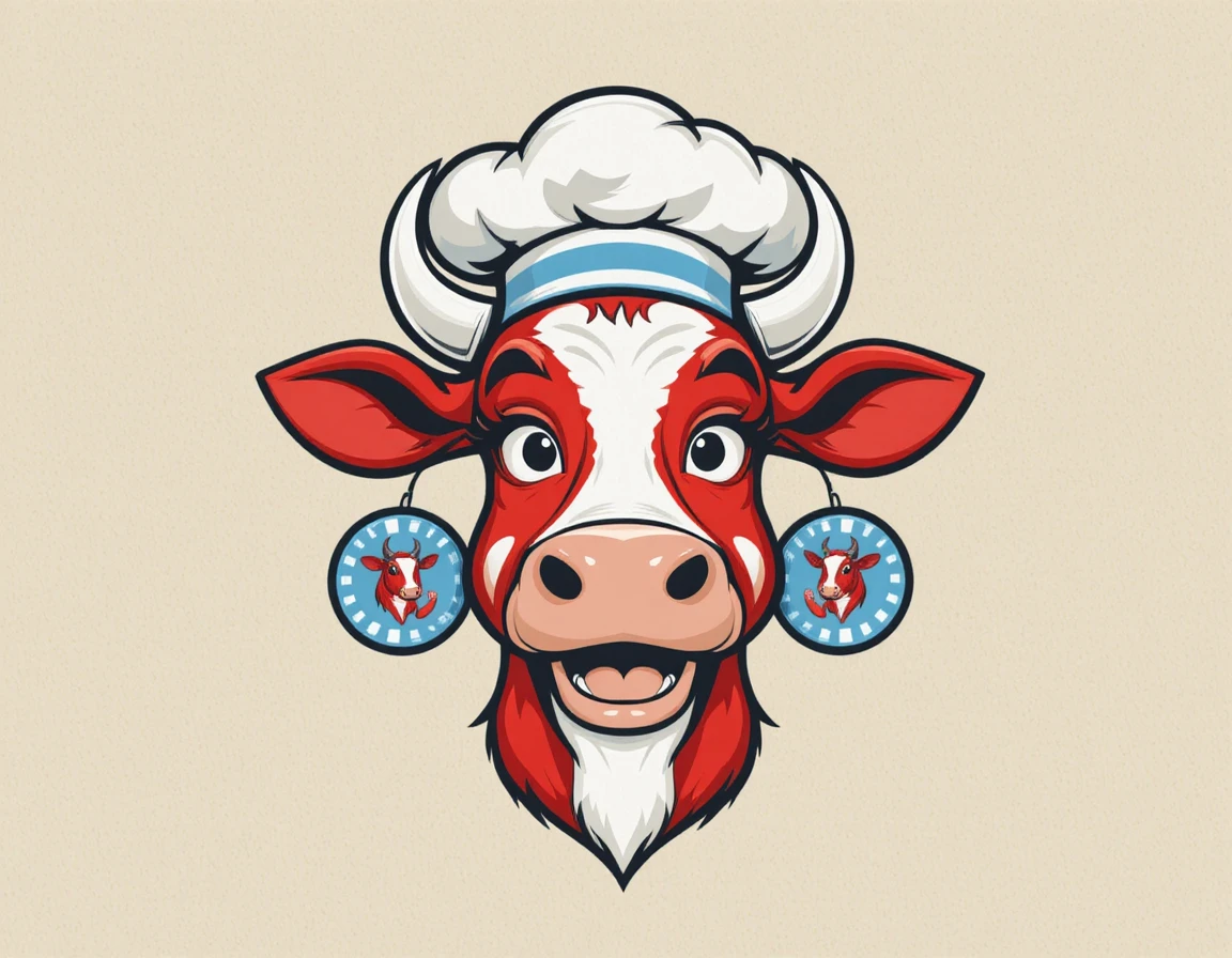 Cheerful red cow chef mascot with retro logo style