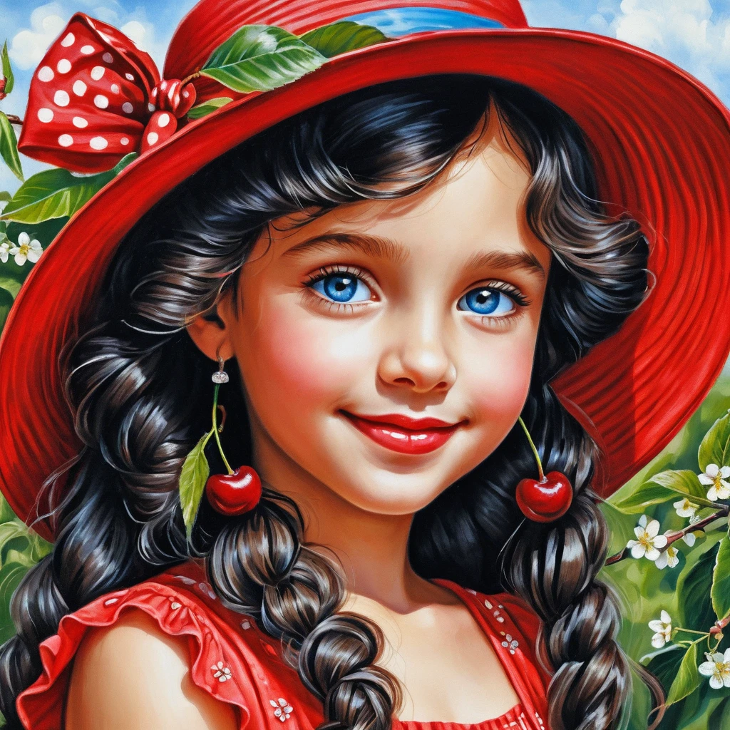 Smiling girl in cherry red summer hat and dress