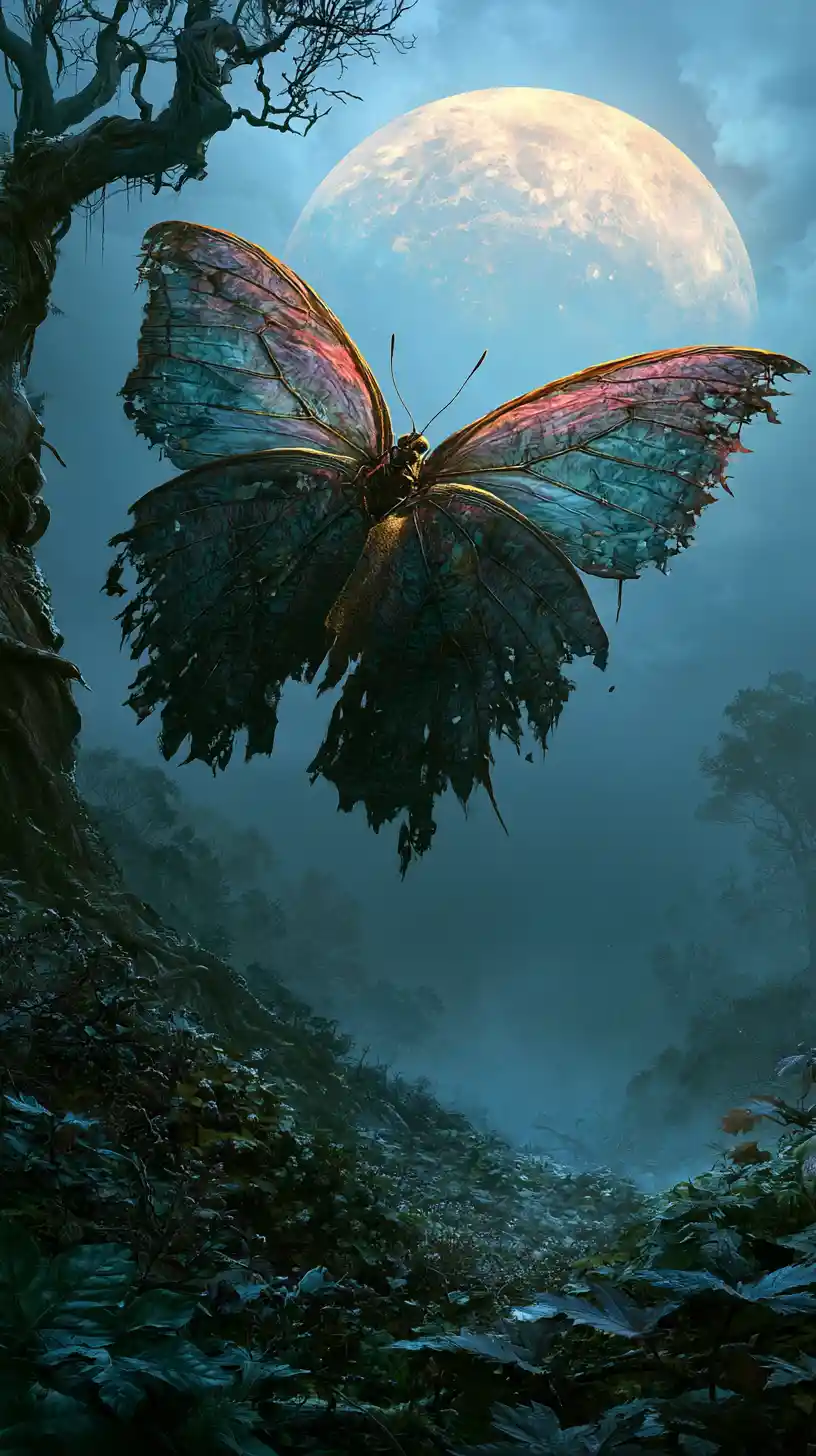 Giant Colorful Butterfly Over A Moonlit Forest Clearing