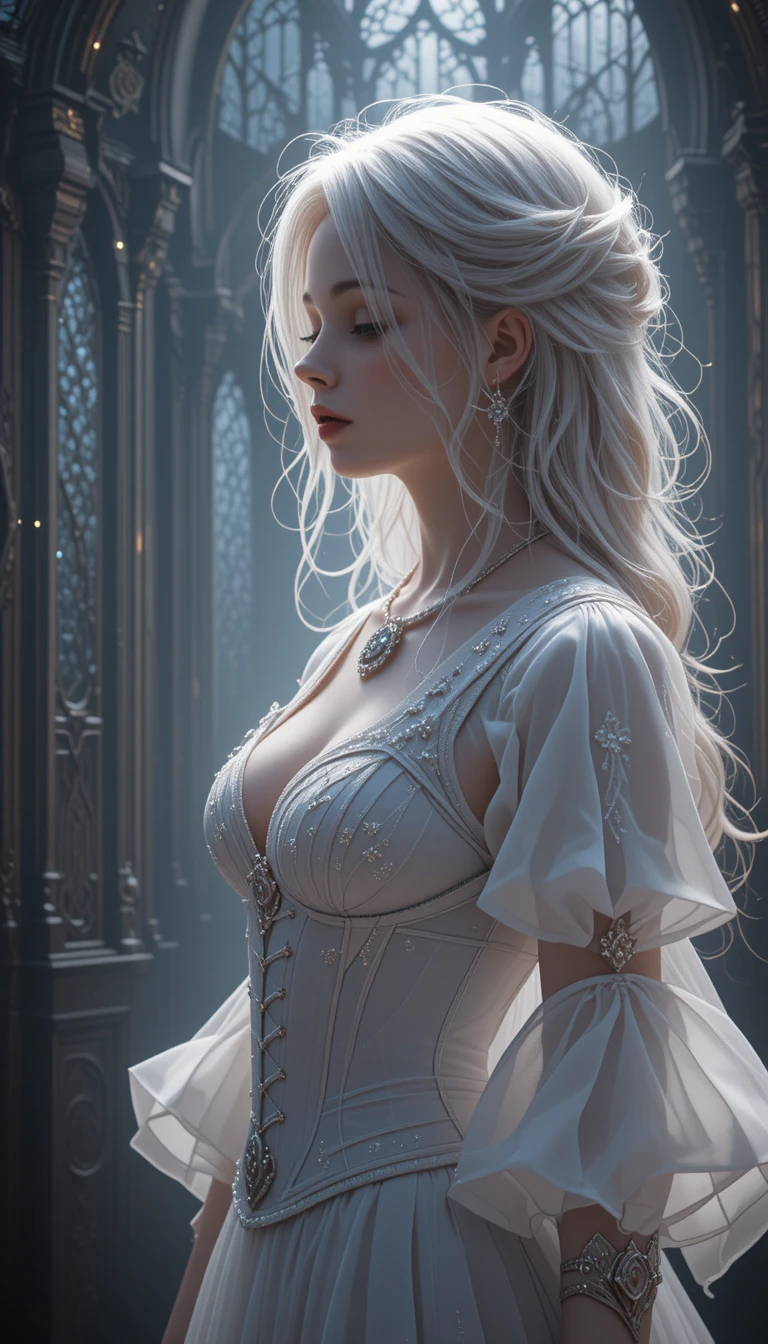 Eterea donna dai capelli bianchi in profilo fantasy gotico
