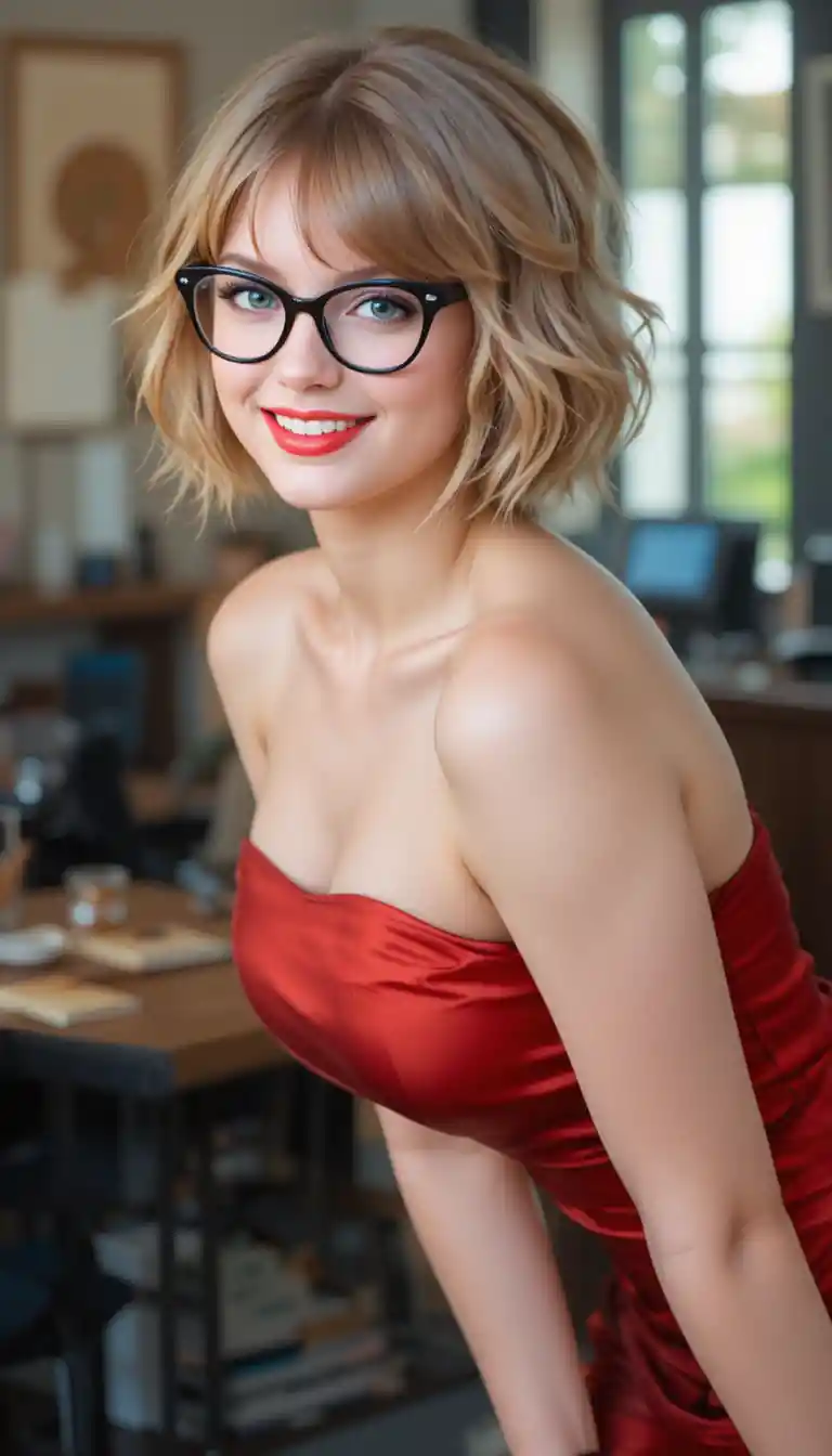 Smiling blonde woman in red dress in office side view