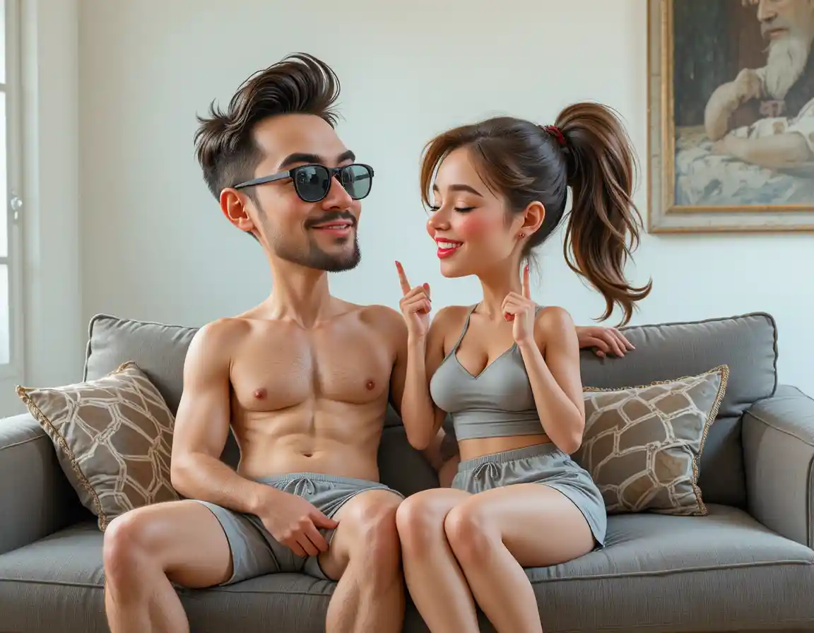 Young couple laughing together on a gray living room sofa