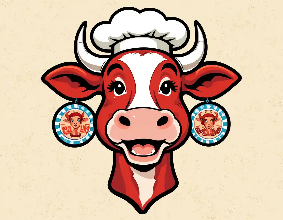 Cheerful red cow chef mascot with circular earrings