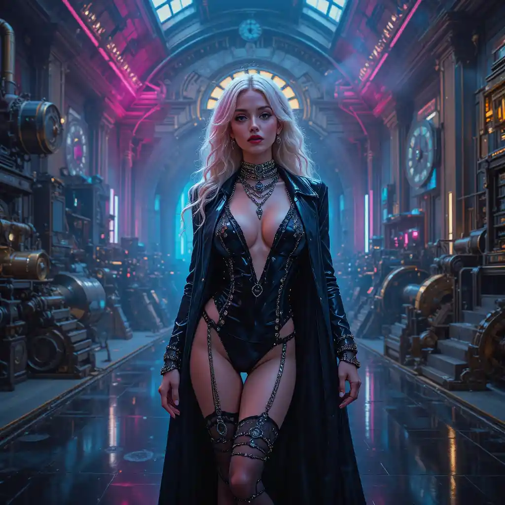 Cyberpunk fashion woman in neon lit steampunk studio