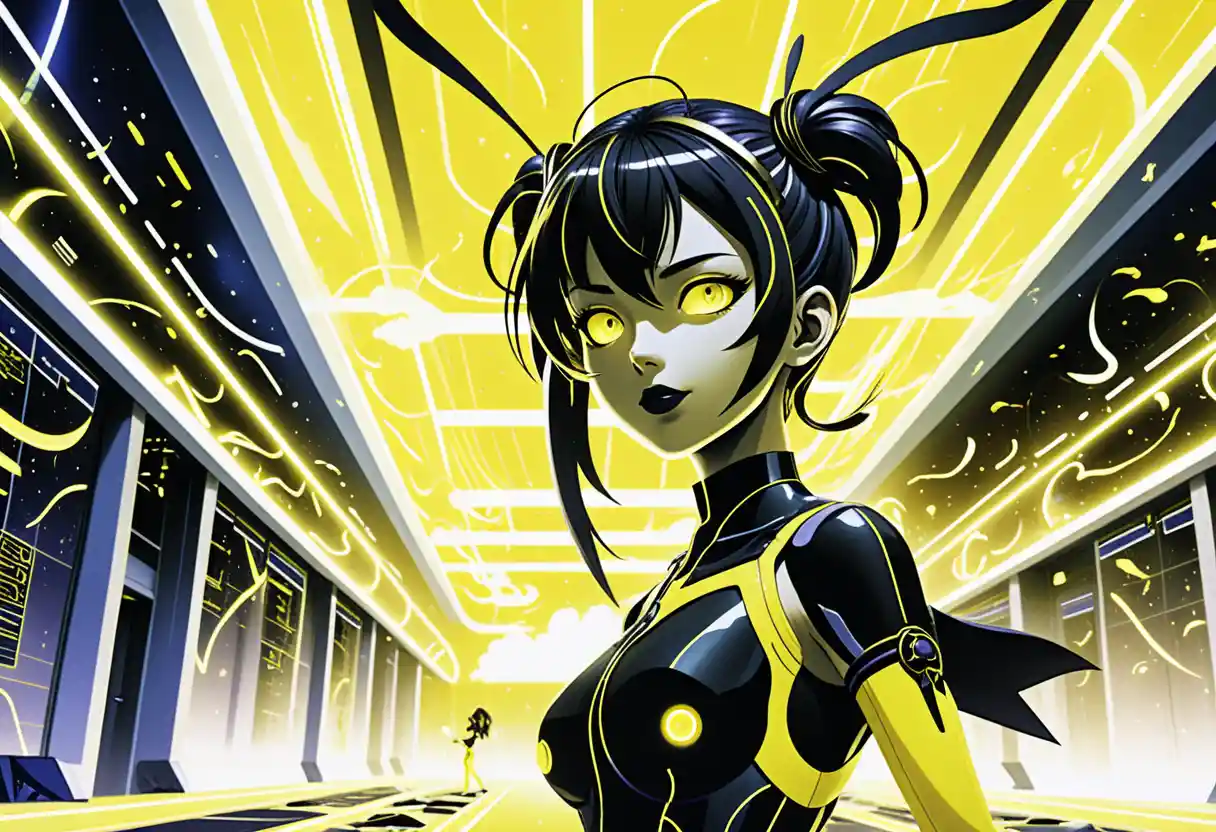 Anime girls in a neon sci fi research facility