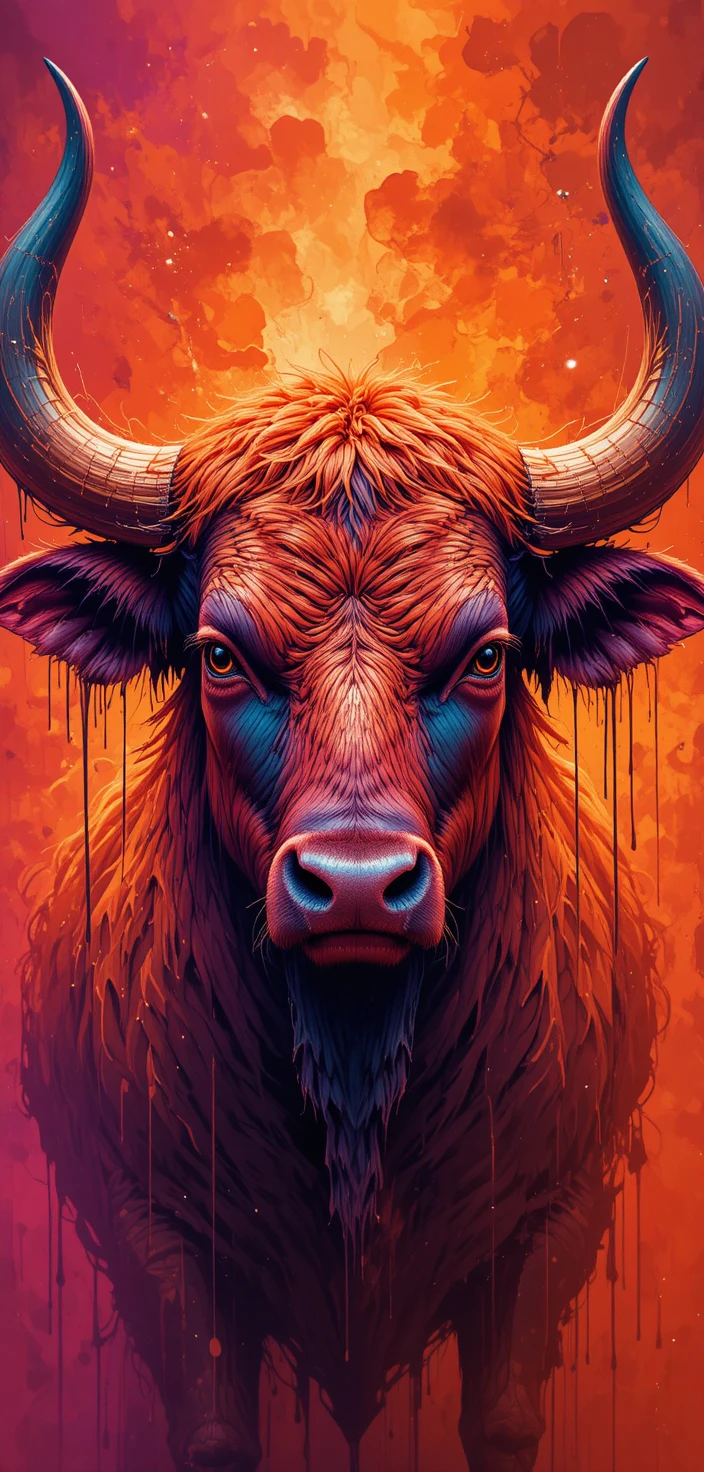 Vibrant digital bull with massive dripping horns