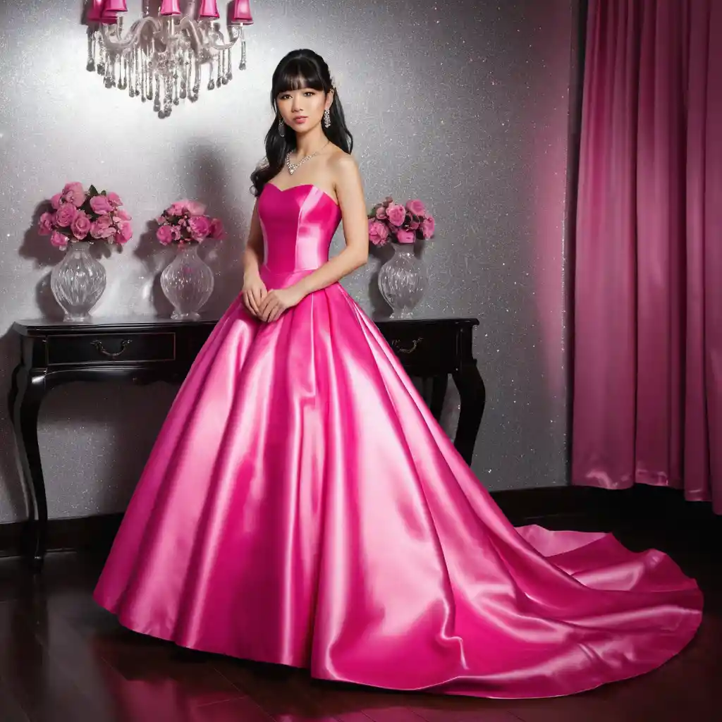 Elegant Japanese girl in hot pink satin ball gown