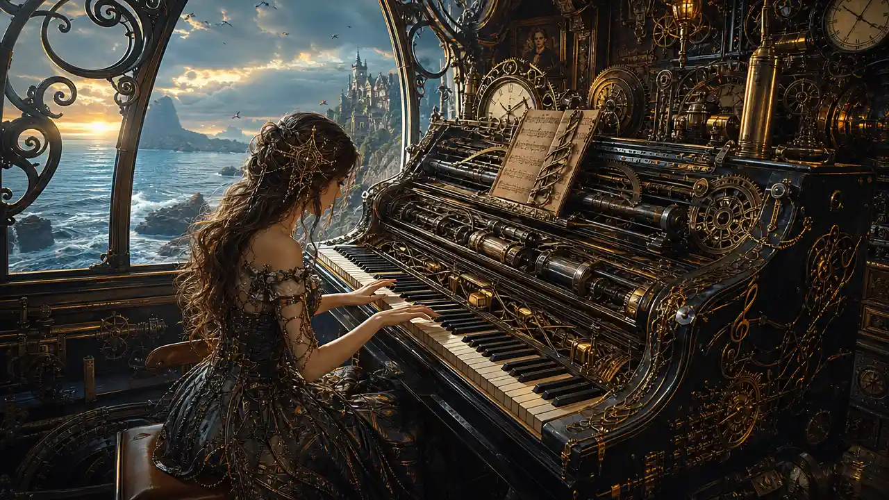 Woman by a window playing a fantastical steampunk piano
