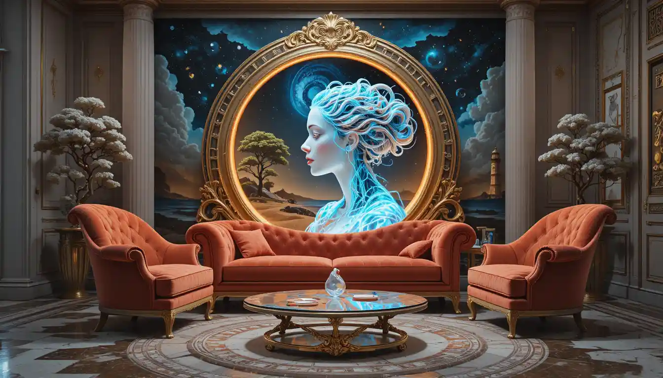 Surreal velvet baroque sofa before cosmic forest painting