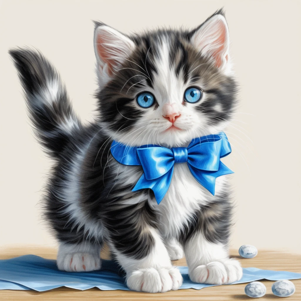 Cute tabby kitten with bow in colored pencil style