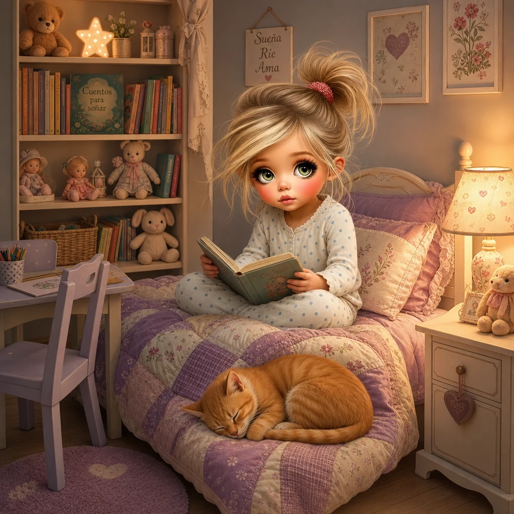 Young girl reading in a cozy kids bedroom at night