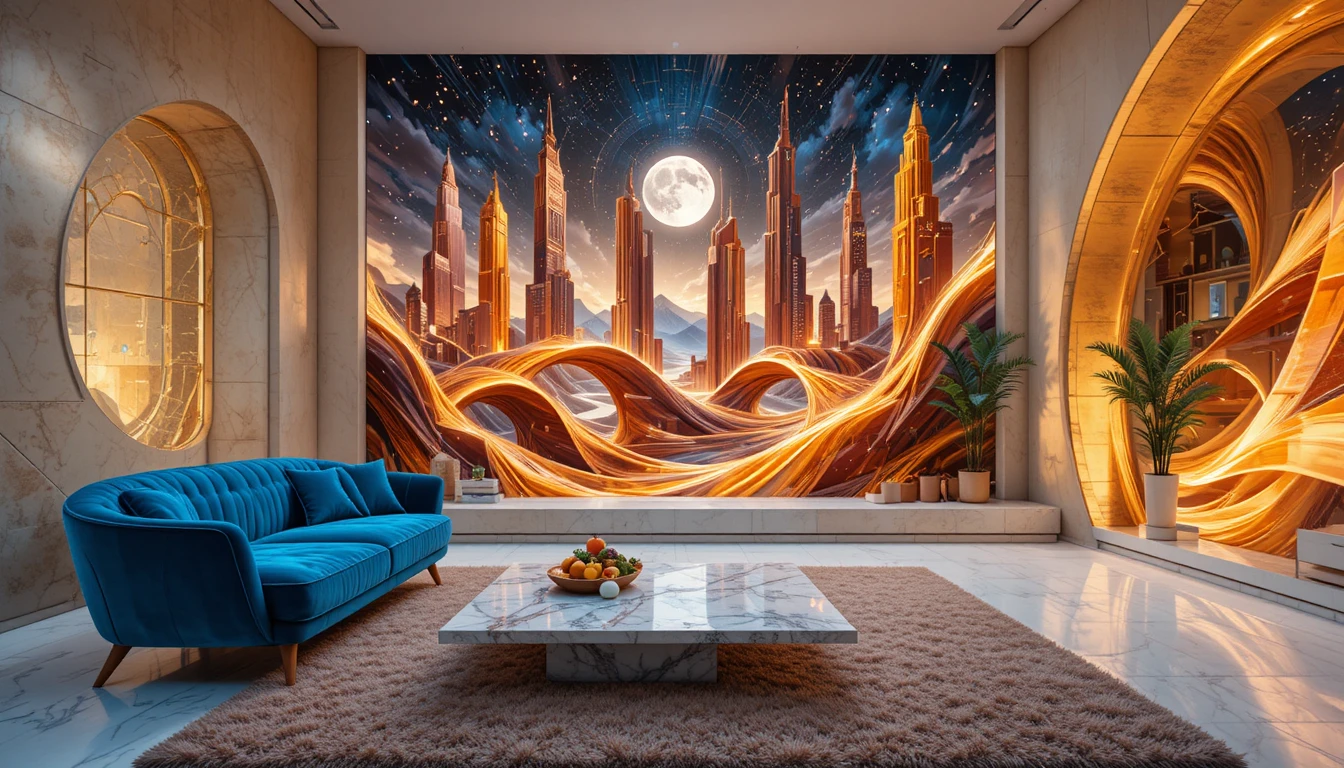 Luxurious living room with blue velvet sofa and marble table