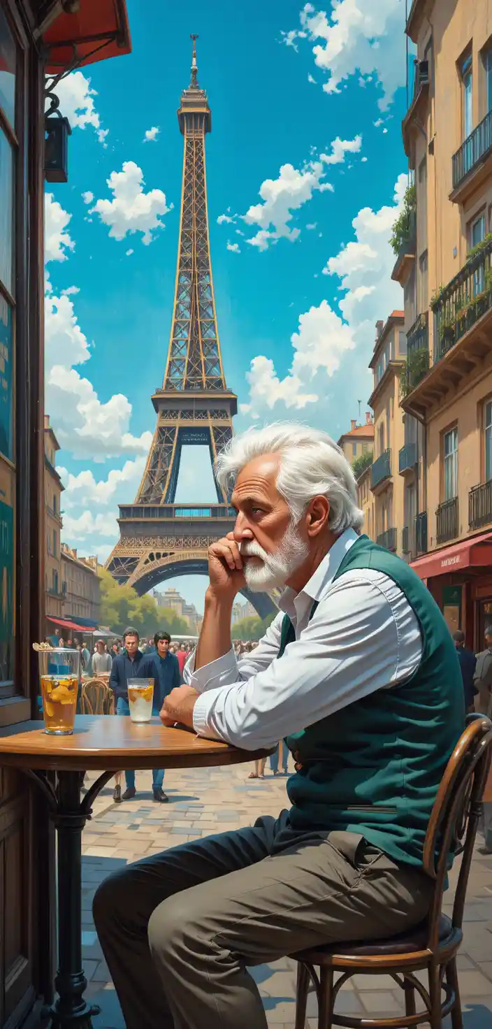 Elderly man reflecting at a small Parisian cafe table