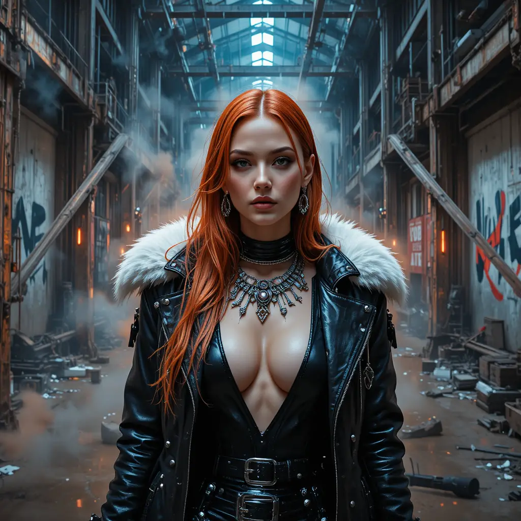 Cyberpunk woman in leather coat in abandoned factory