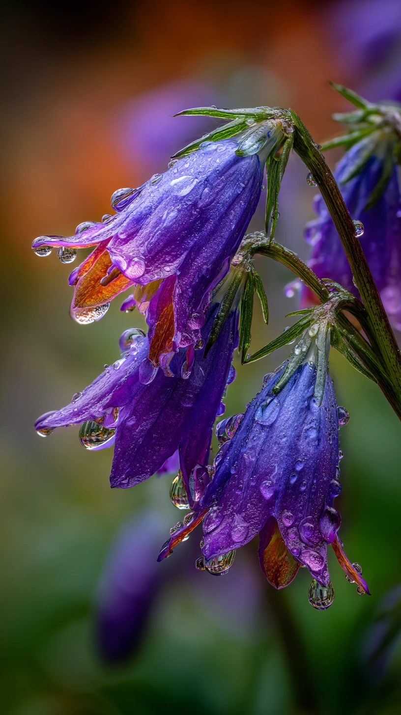 Macro bumblebee on rainbow bluebell flowers at sunrise